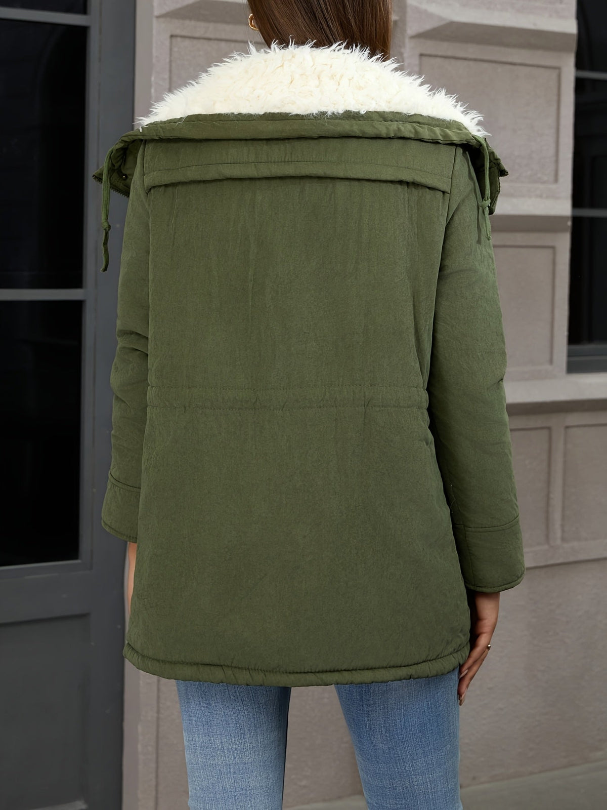 Mid Length Parka with Plush Lining and Adjustable Drawstring, Snap Button Closure