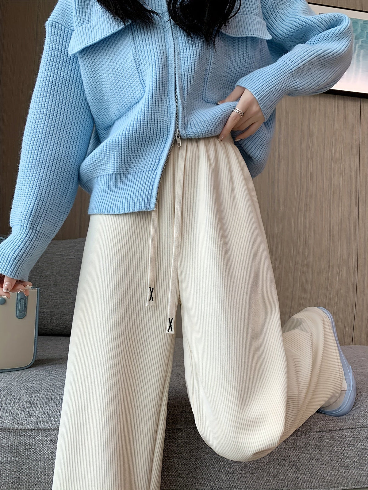 Wide Leg Lined Pants with Soft Inner Lining and Elastic Waistband