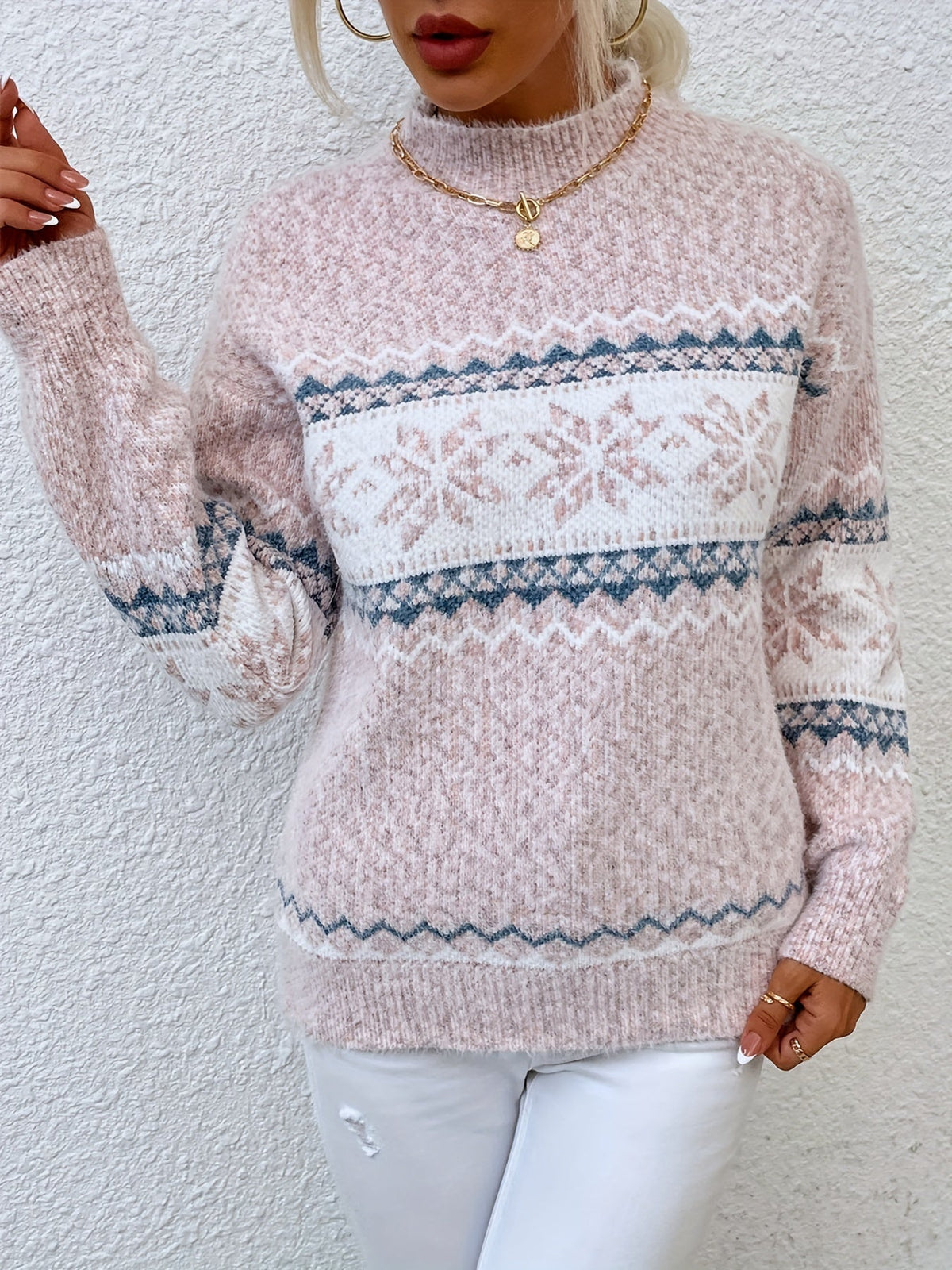 Mock Neck Sweater with Snowflake Knit Pattern and Relaxed Fit