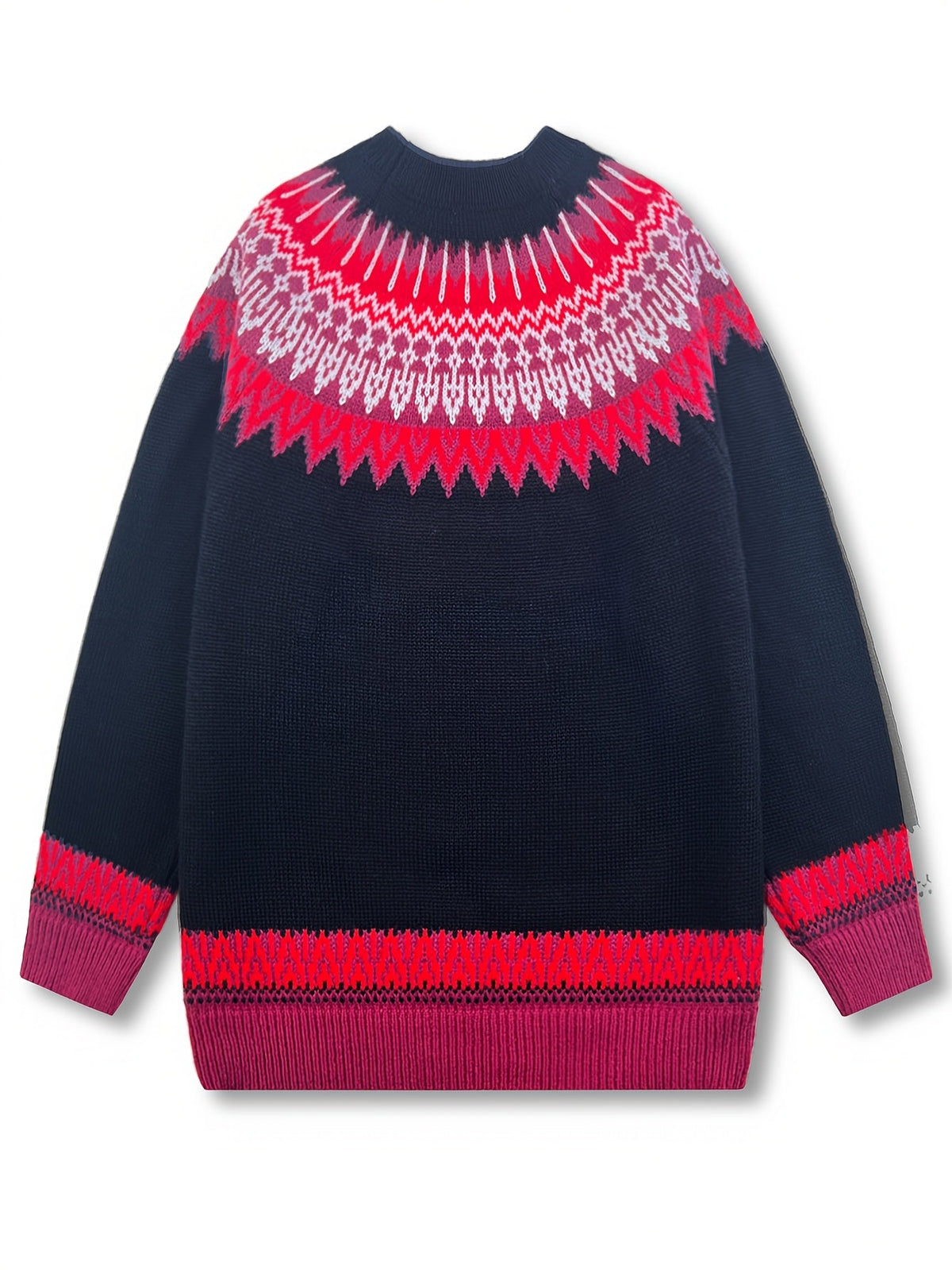 Chunky Jacquard Knit Sweater with Round Neck and Ribbed Cuffs, Hip Length