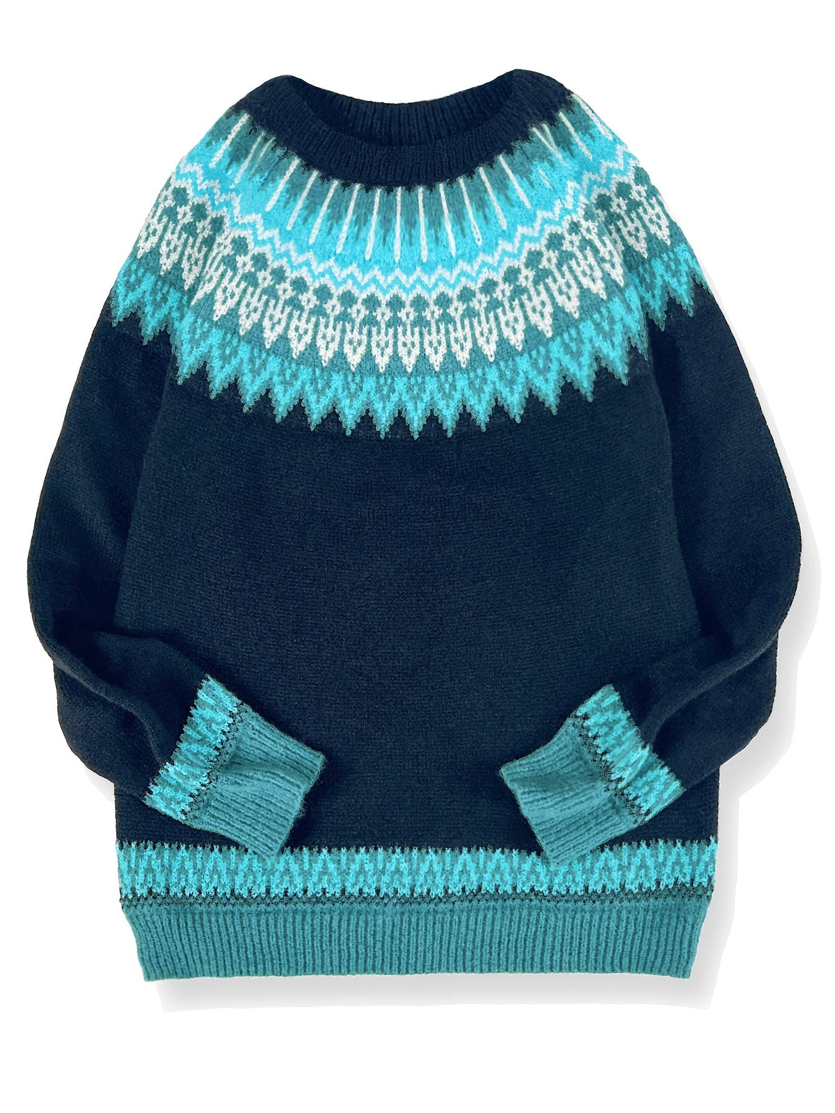 Chunky Jacquard Knit Sweater with Round Neck and Ribbed Cuffs, Hip Length