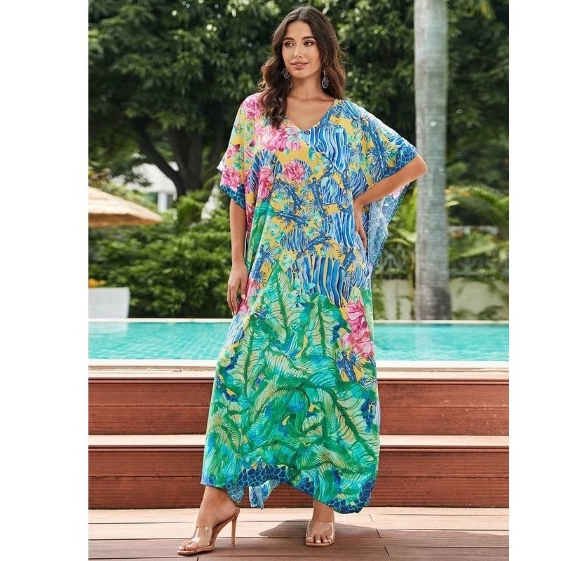 Moomoo Dresses for Women, Plus Size Loose Fit Moroccan Print V Neck Batwing Kaftan Beach Dress