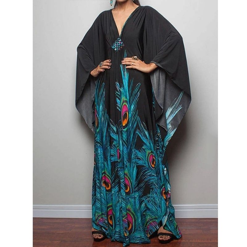 Moomoo Dresses for Women, Plus Size Ethnic Print Kaftan Dress, Mrs. Roper Bubu Mumu Boho Swimsuit Cover Up