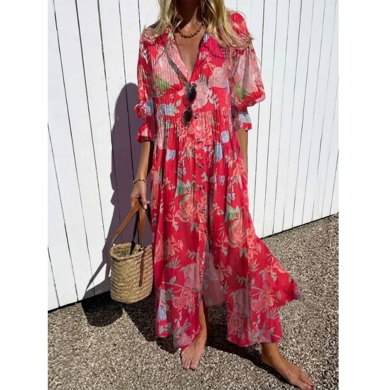 Womens Cotton Maxi Dress, Floral Casual Summer Beach Vacation Dress
