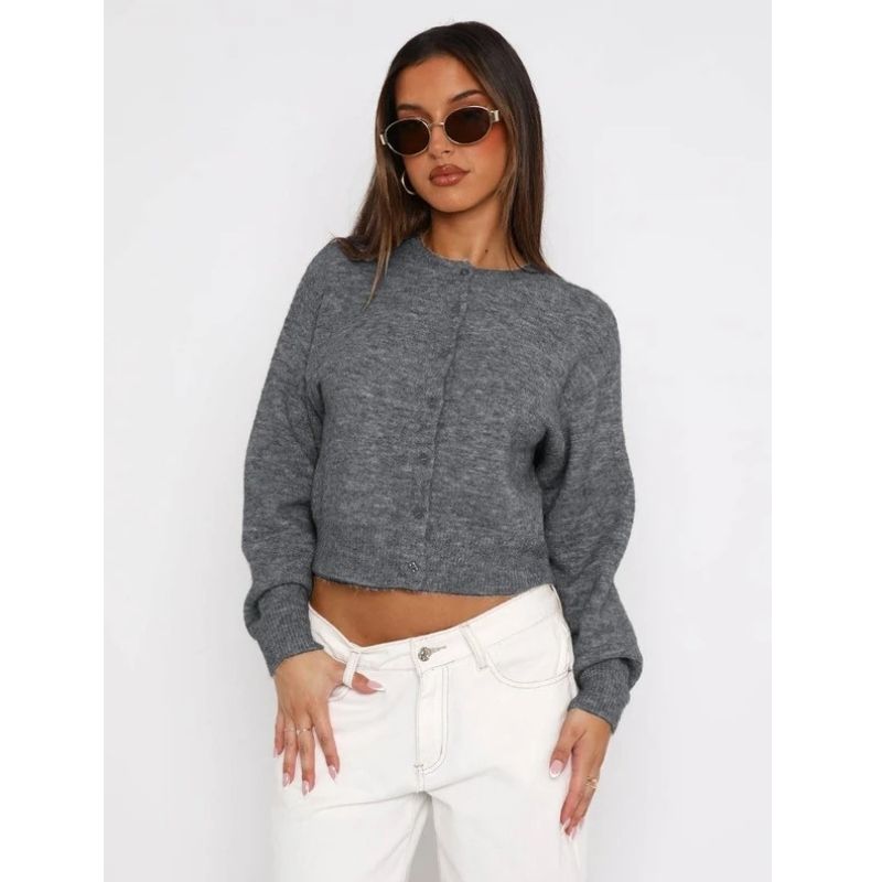 Womens Cropped Cardigan Sweaters, Crew Neck Long Sleeve Button Up Lightweight Knit
