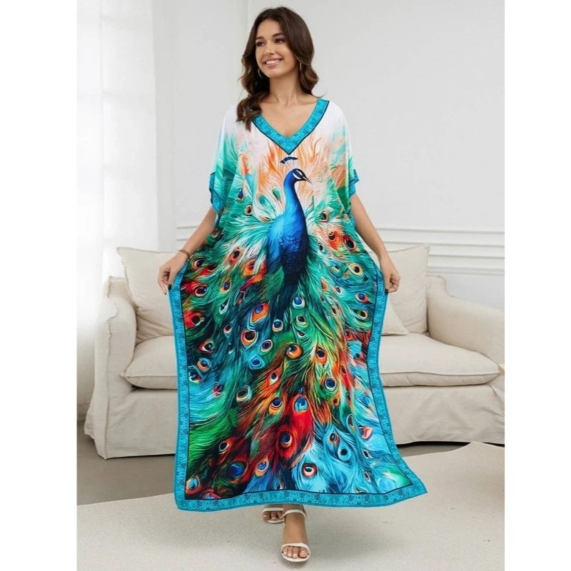 Moomoo Dresses for Women, Plus Size Loose Fit Moroccan Print V Neck Batwing Kaftan Beach Dress