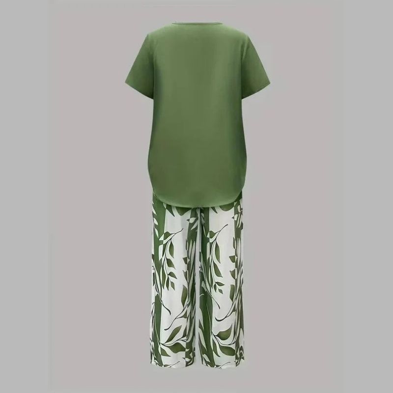 Womens Leaf Print Two Piece Set, Casual Short Sleeve Asymmetric Top and Wide Leg Pants Outfits, Elegant Summer Matching Suit