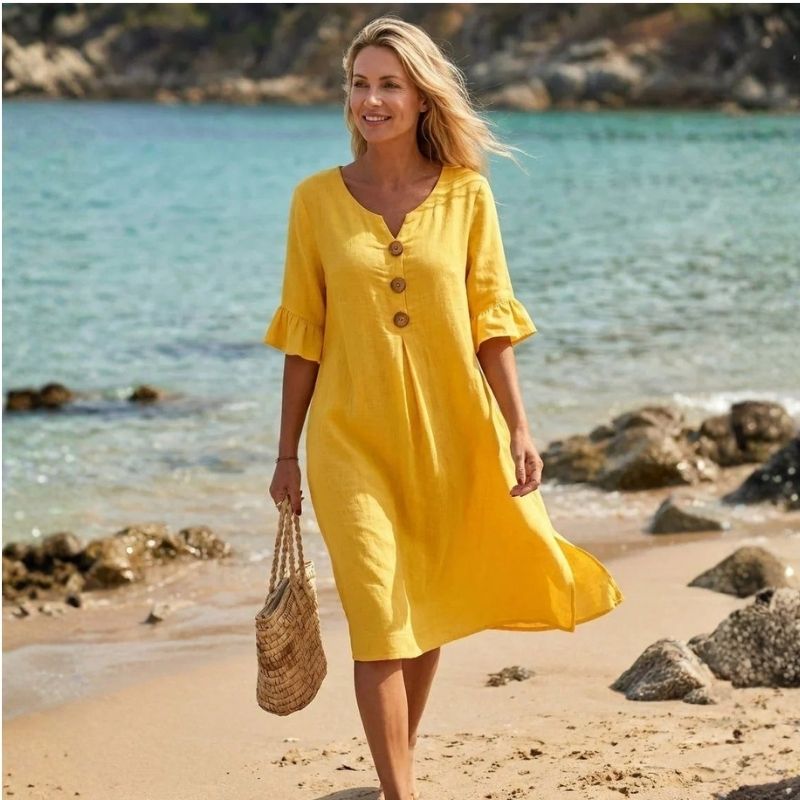 Womens Summer Dress, Ruffle Short Sleeve V Neck Midi Dress, Casual Lightweight Beach Sundress