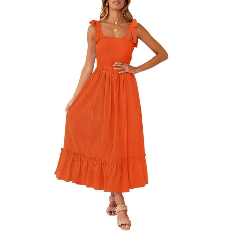 Womens Boho Maxi Dress, Square Neck Spaghetti Strap Ruffle a Line Beach Dress