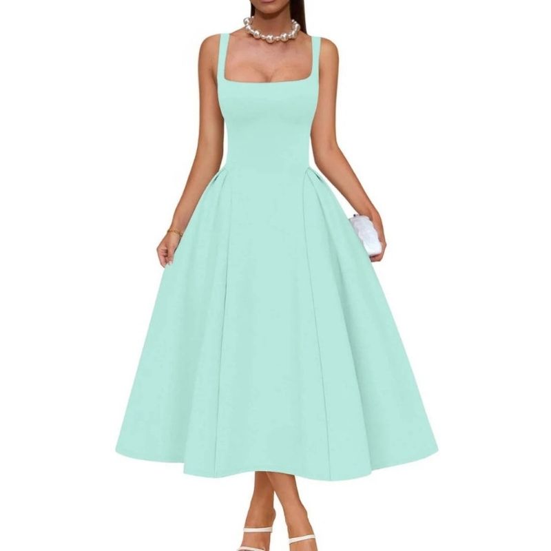 Womens Square Neck A Line Midi Dress, Elegant Wedding Guest and Evening Party Dress