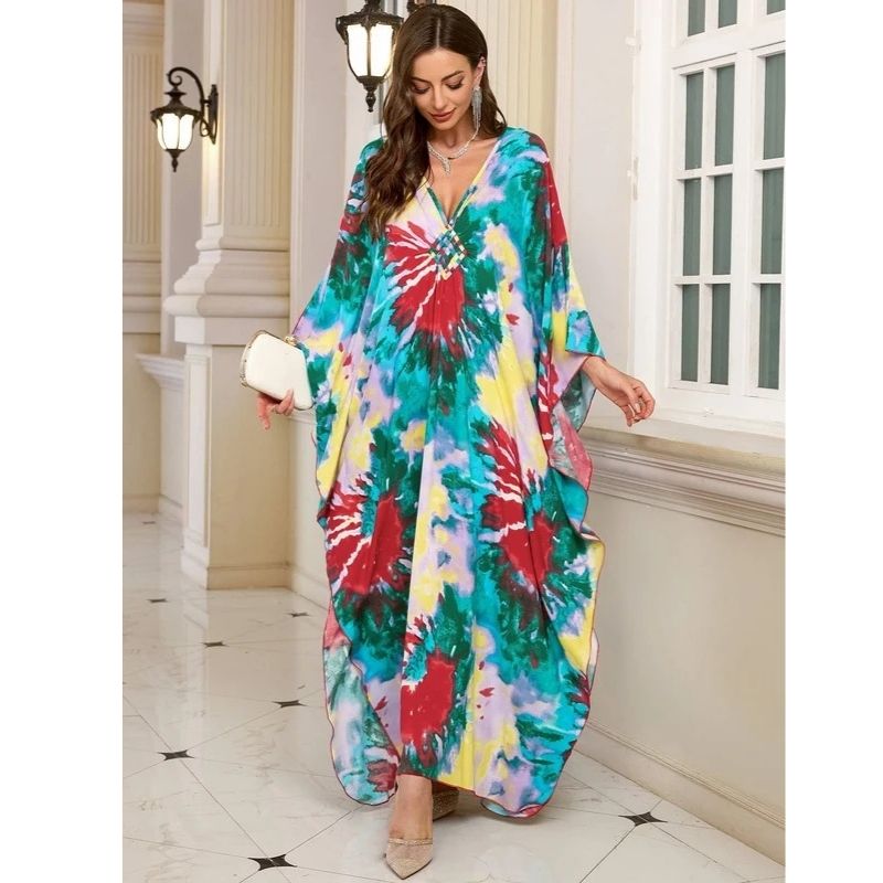 Moomoo Dresses for Women, Plus Size V Neck Batwing Sleeve Floral Kaftan Beach Cover Up Dress