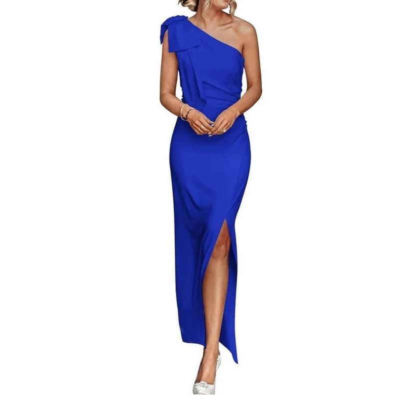 Womens One Shoulder Maxi Dress, Ruched Bodycon Wedding Guest and Formal Dress