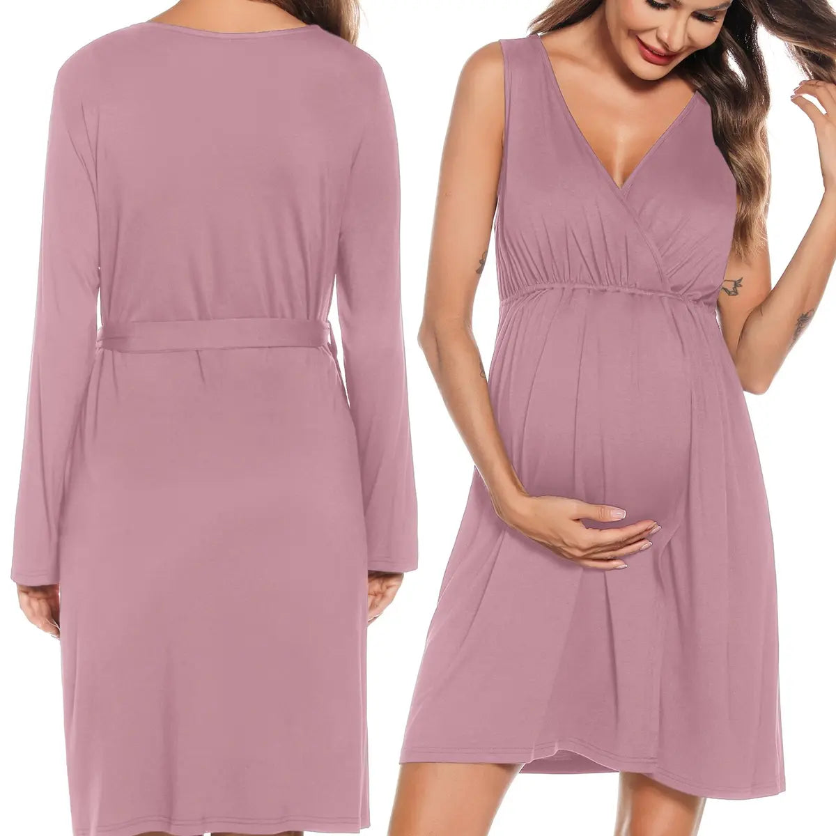 Women 2 Piece Modal Maternity Gown and Nursing Robe Set - Breastfeeding Sleepwear