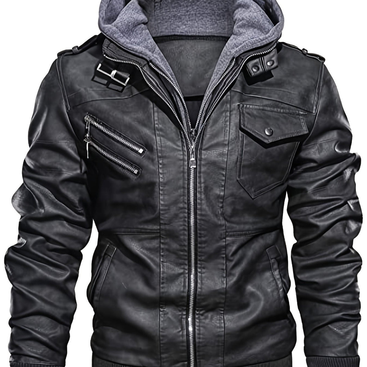 Hooded Biker Jacket with Removable Snap Hood and Multiple Zippered Pockets