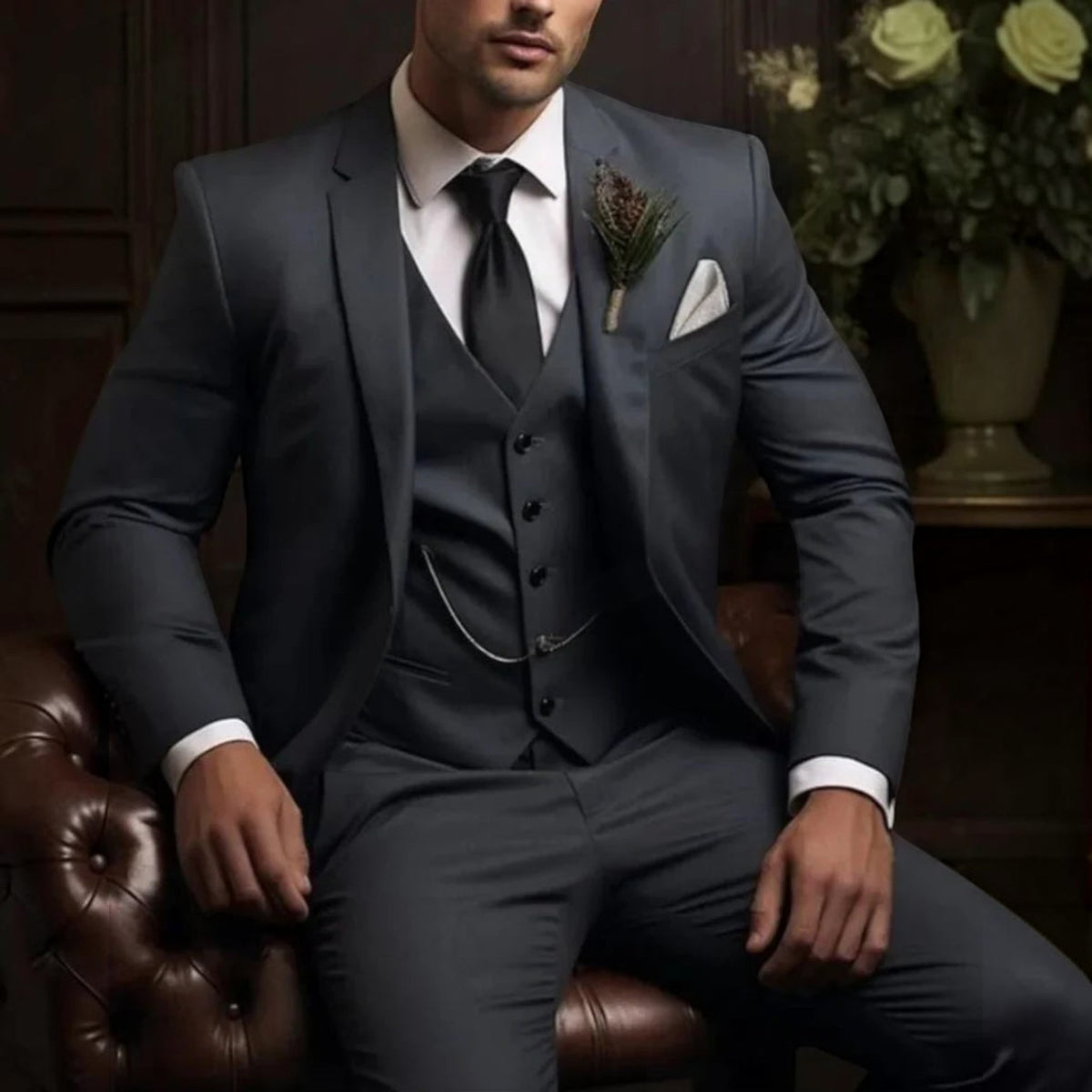 Mens Slim Fit Three Piece Suit Set with Jacket, Vest and Trousers