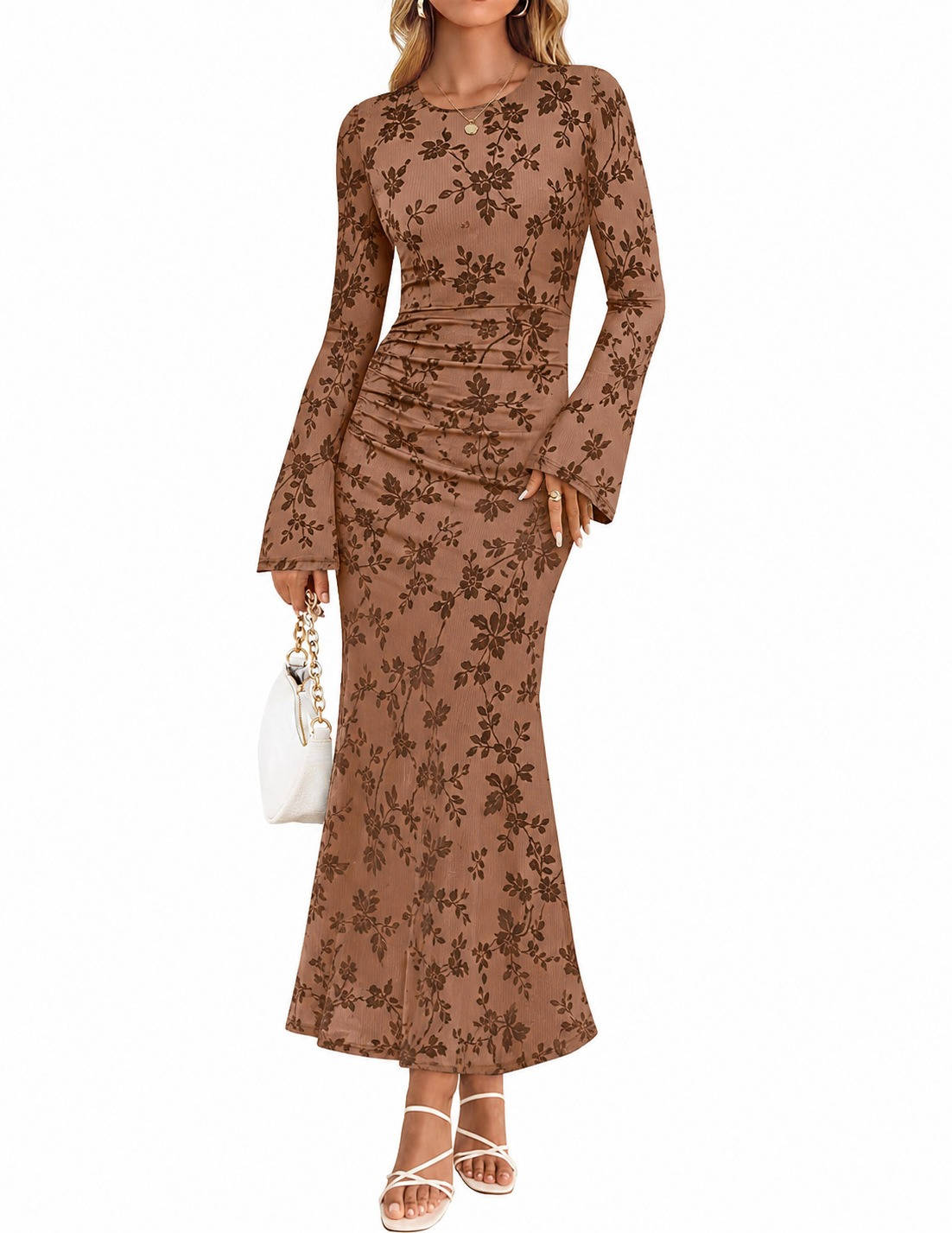 Womens Floral Maxi Dress, Long Sleeve Ruched Mesh Bodycon Dress, Elegant Fall Formal Dress
