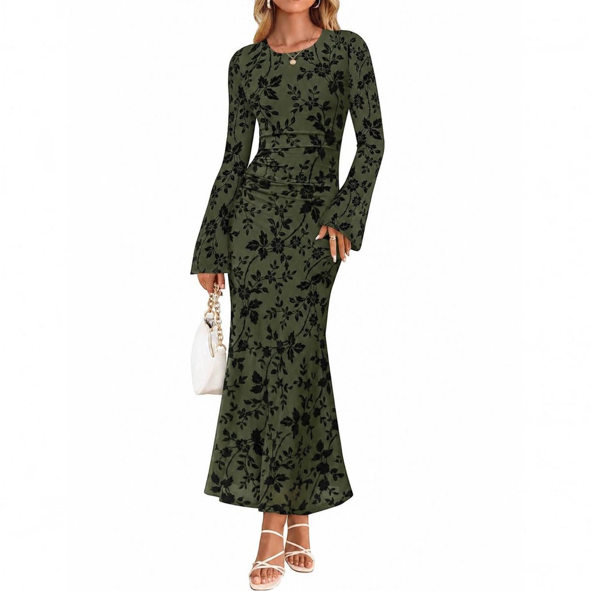 Womens Printed Maxi Dress, Long Sleeve Ruched Mesh Bodycon Dress, Elegant Fall Formal Dress