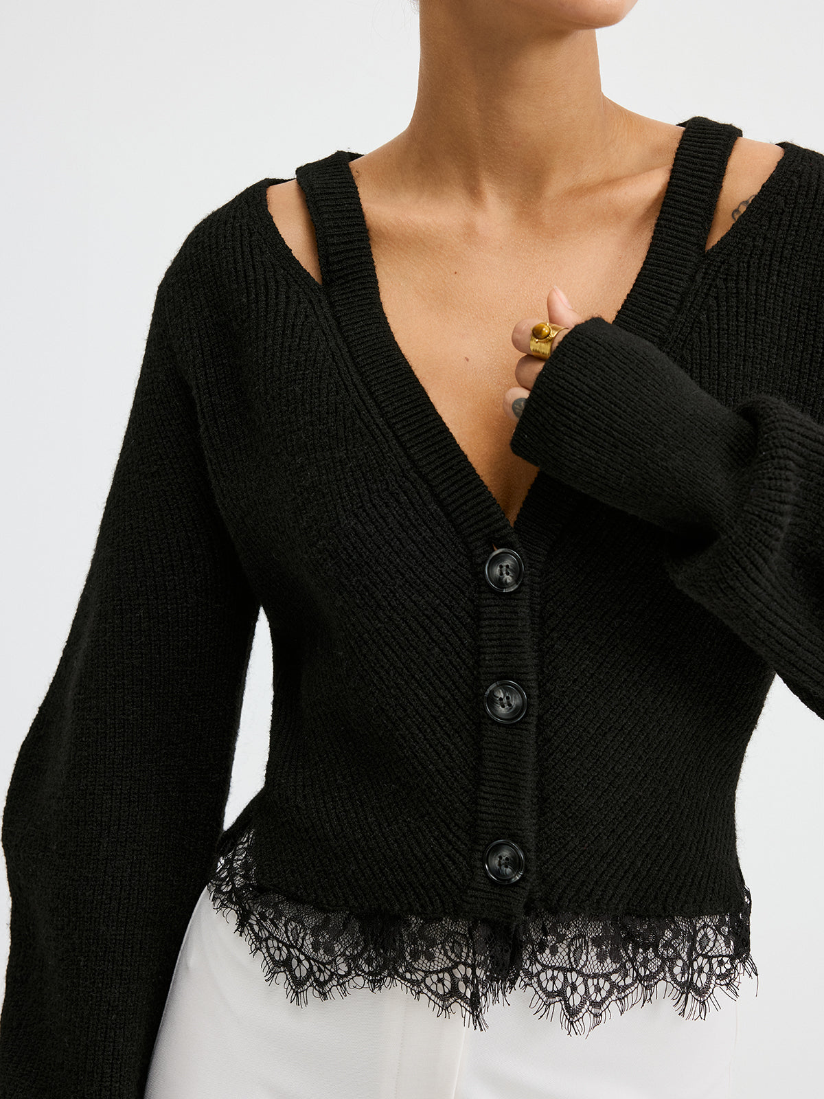 Lace Hem Button Front Cardigan with Slight Stretch and Regular Fit