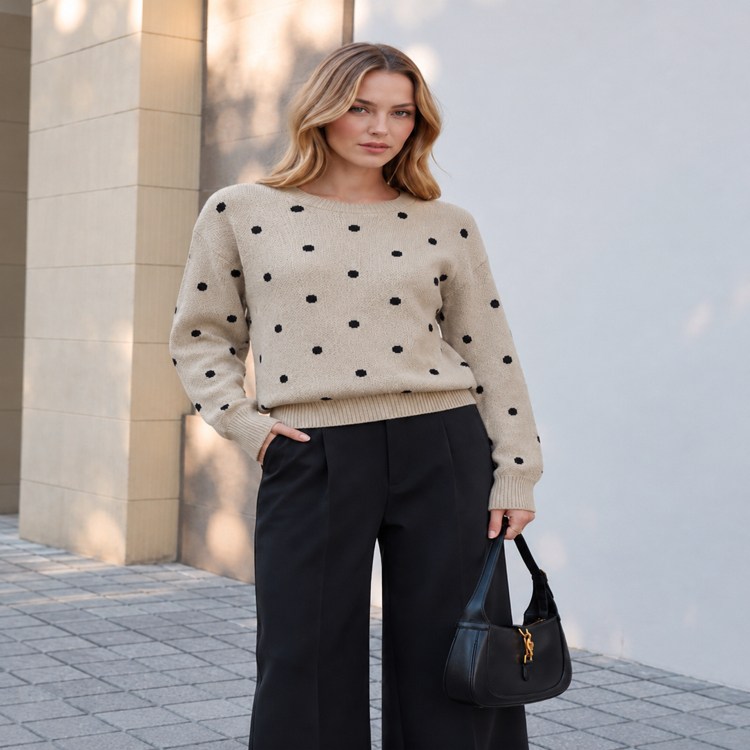 Womens Polka Dot Knit Sweater with High Stretch Fabric and Regular Fit