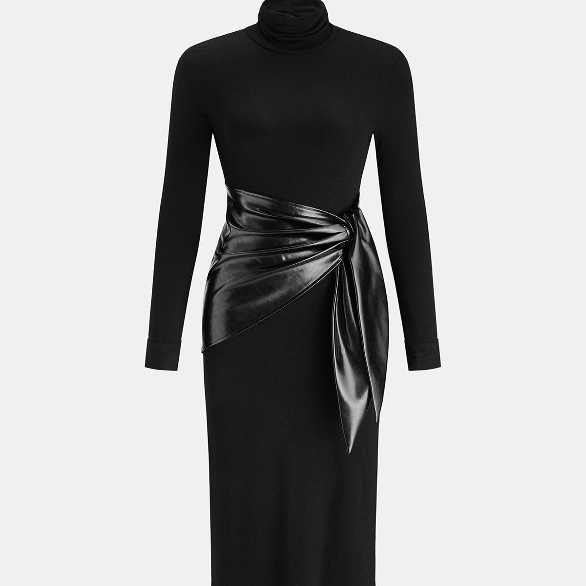 High Neck Slim Fit Maxi Dress with Attached Waist Belt and Long Sleeves