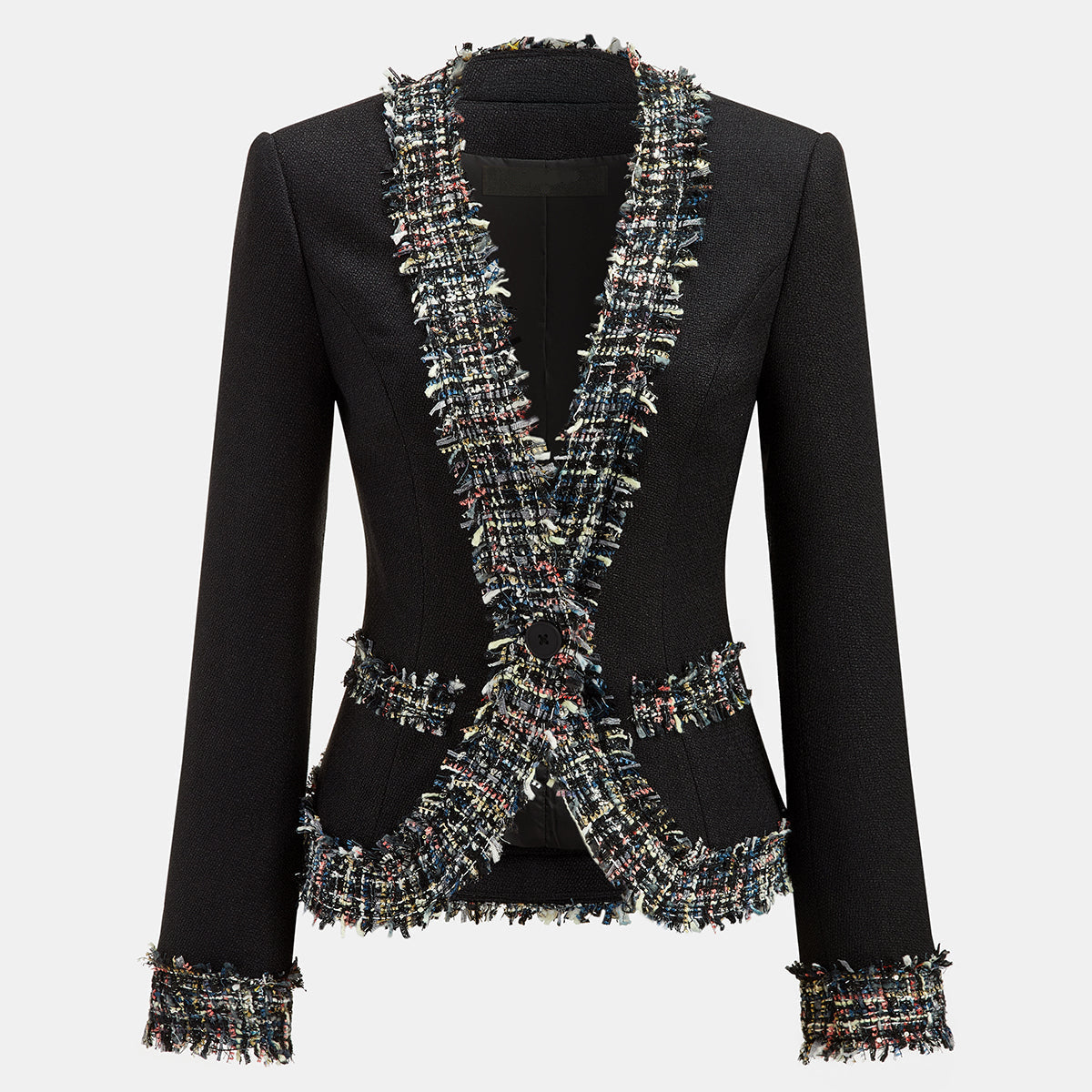 Tweed Blazer with Multicolor Fringe Trim and Structured Slim Fit