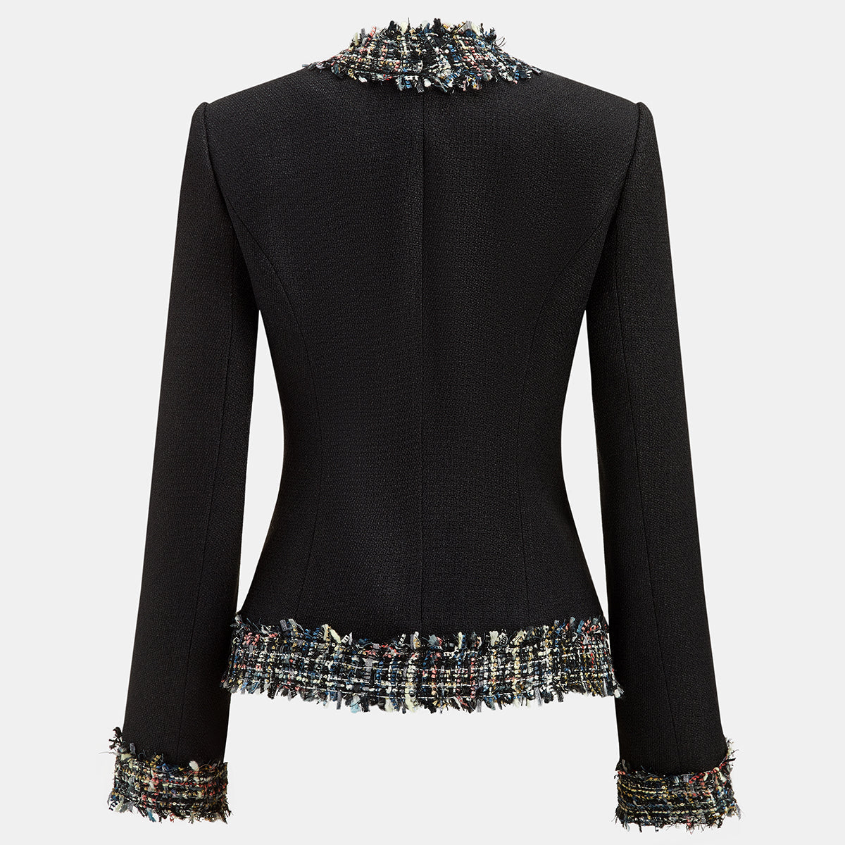 Tweed Blazer with Multicolor Fringe Trim and Structured Slim Fit