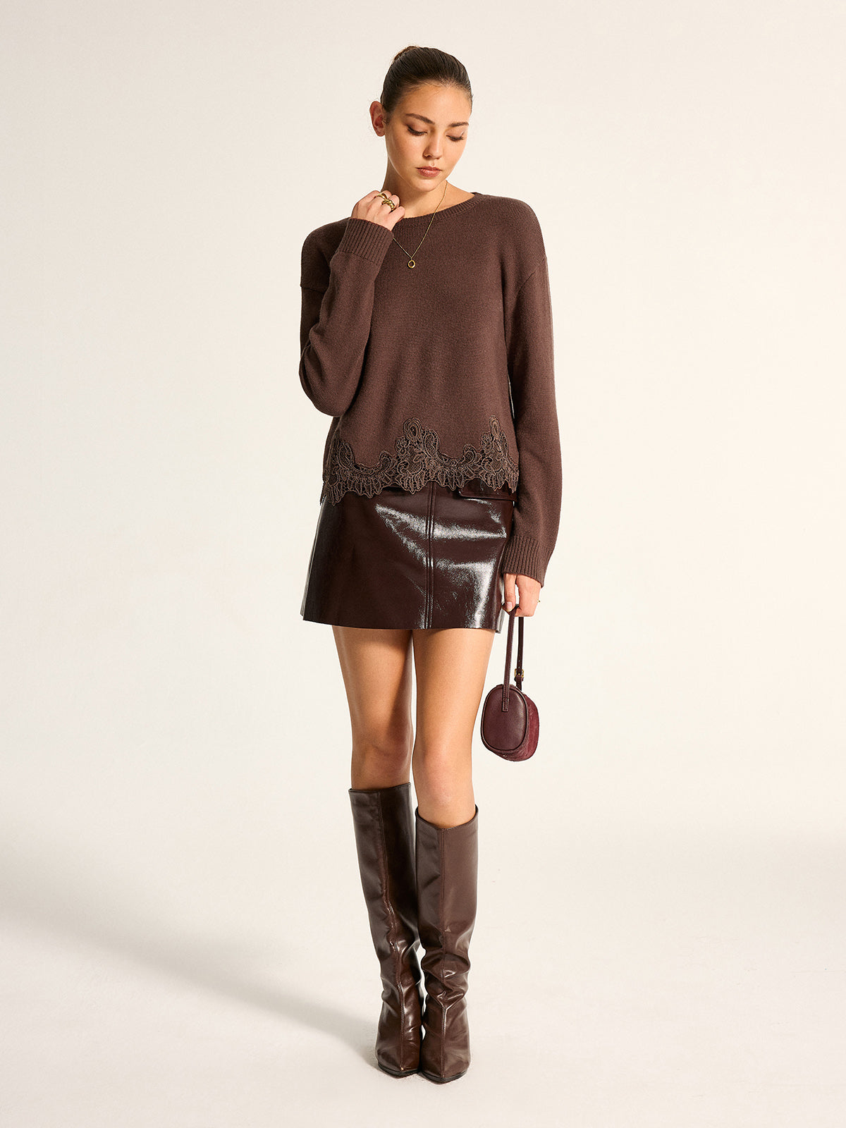 Pullover Knit Sweater with Medium Stretch and Lace Hem, Regular Fit