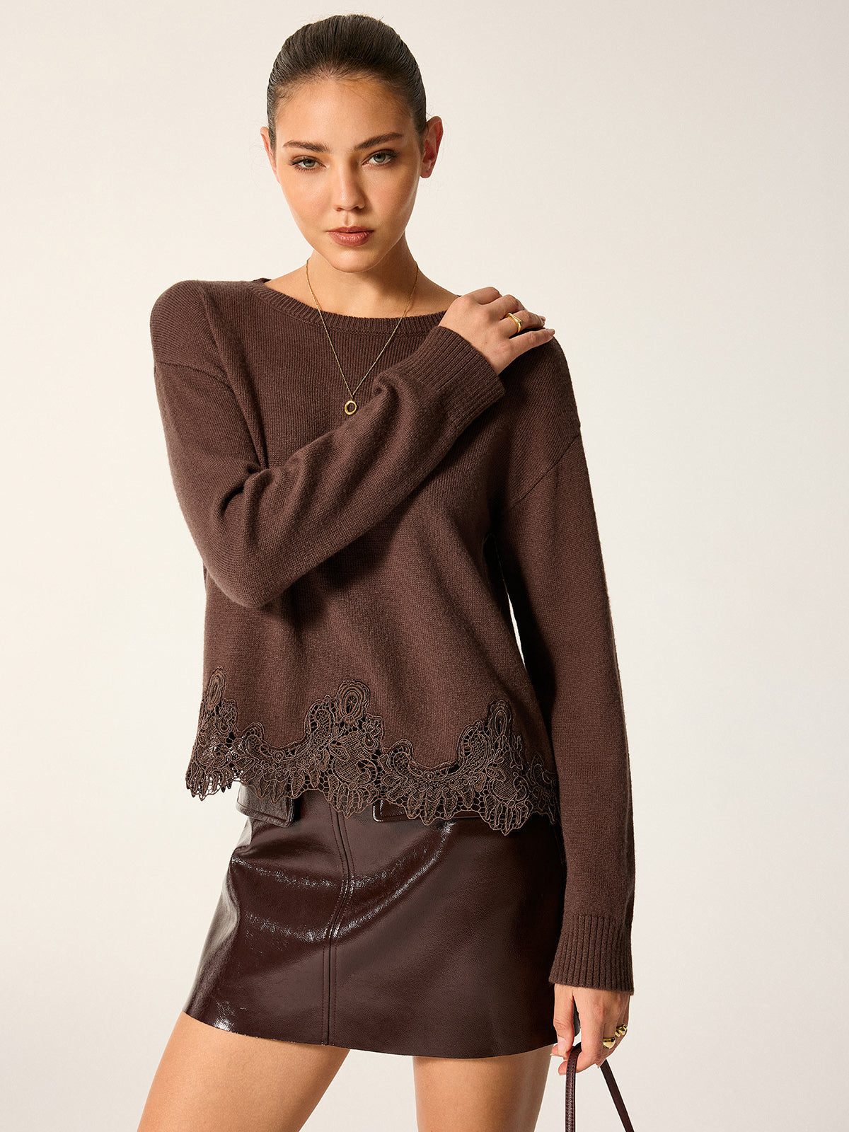 Pullover Knit Sweater with Medium Stretch and Lace Hem, Regular Fit