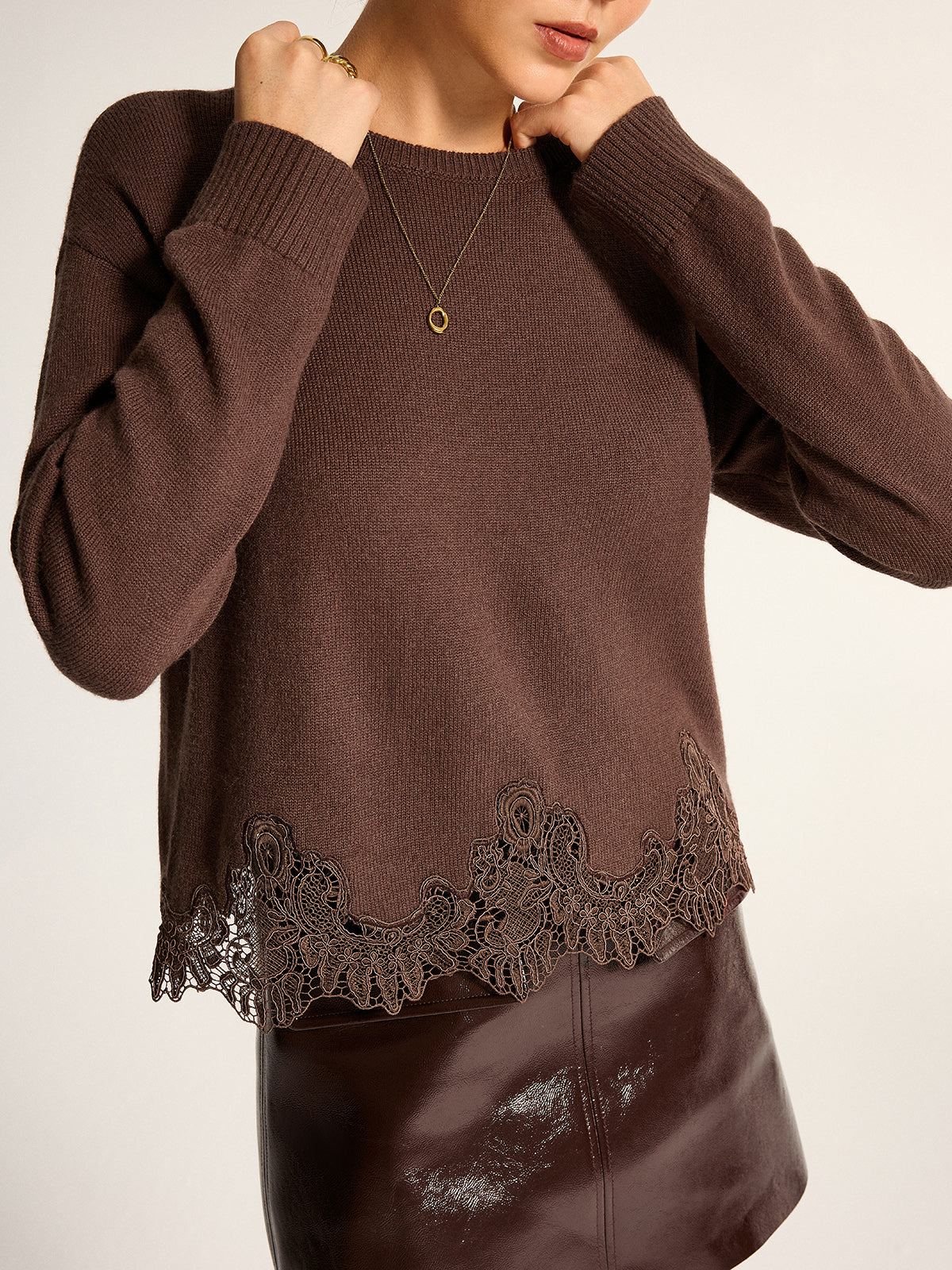 Pullover Knit Sweater with Medium Stretch and Lace Hem, Regular Fit