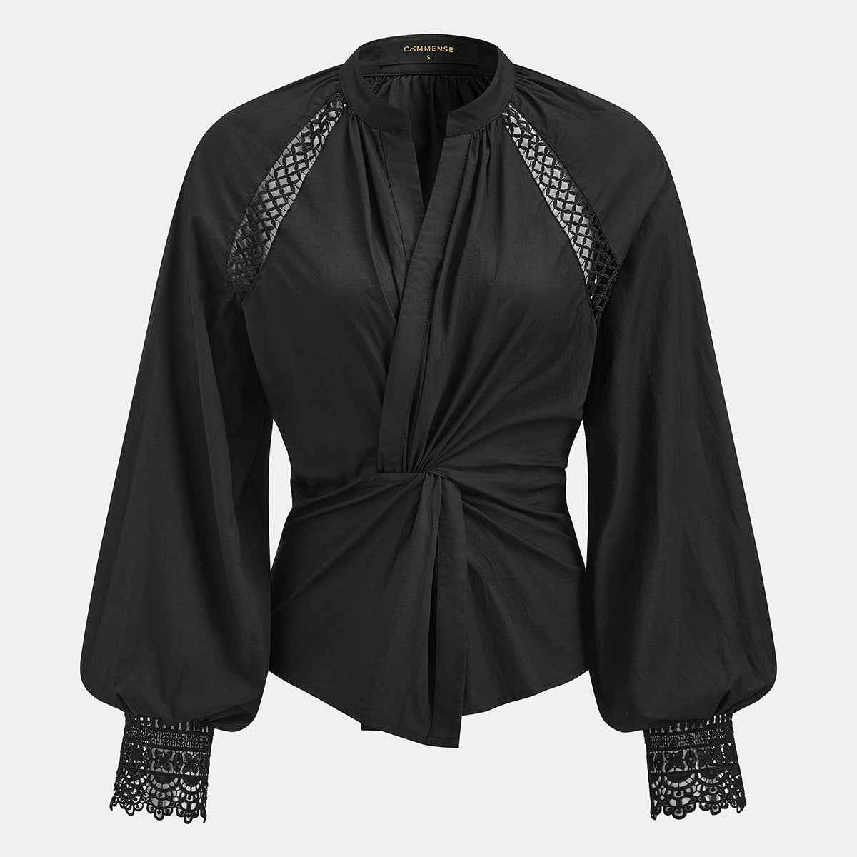 Semi Sheer Button Up Blouse with Long Sleeves and Built-In Lining, Half Open Collar