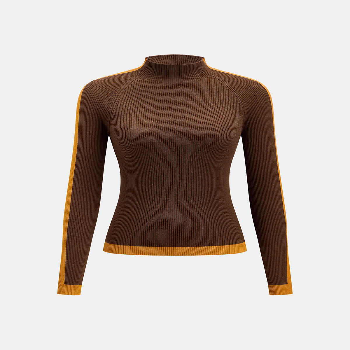 Mock Neck Ribbed Knit Sweater with Medium Stretch and Color Block Design