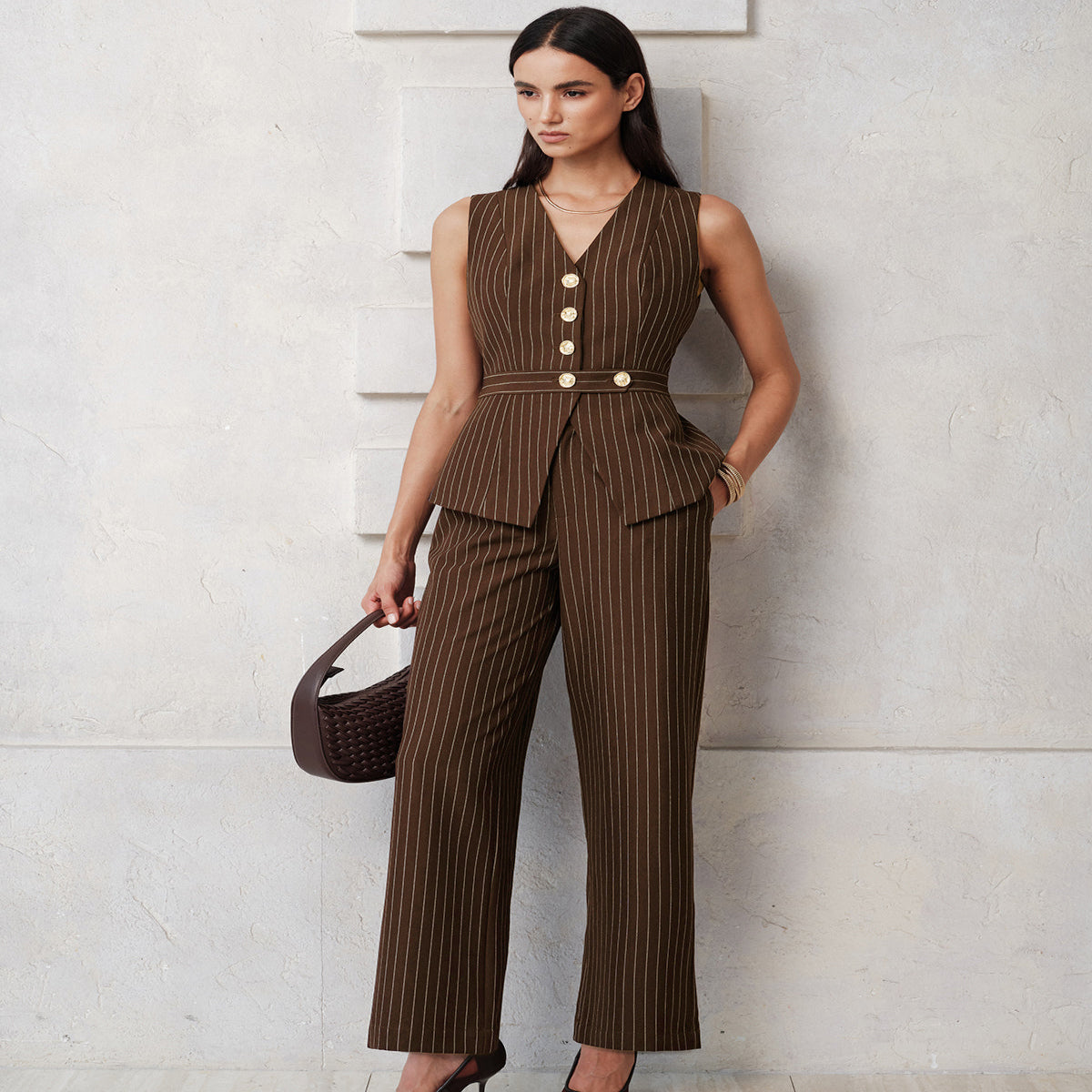 Blazer Pant Set with Structured Shoulders and Lined Construction, Straight Leg