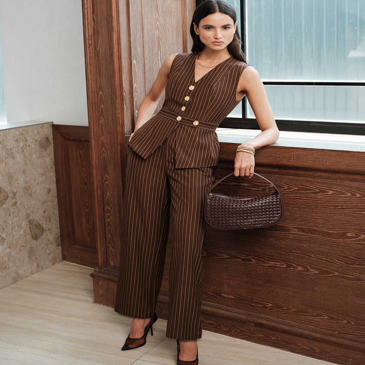 Blazer Pant Set with Structured Shoulders and Lined Construction, Straight Leg