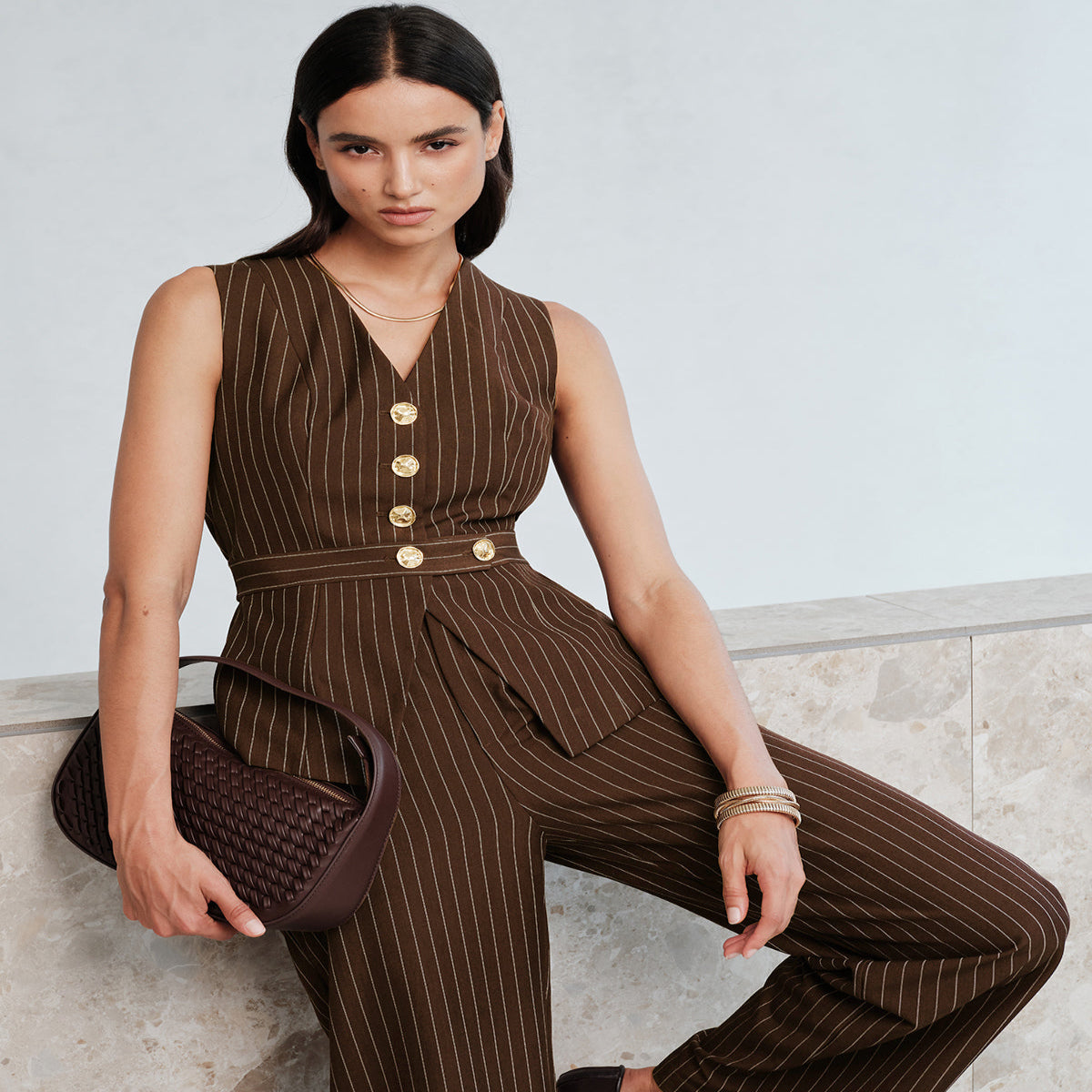 Blazer Pant Set with Structured Shoulders and Lined Construction, Straight Leg