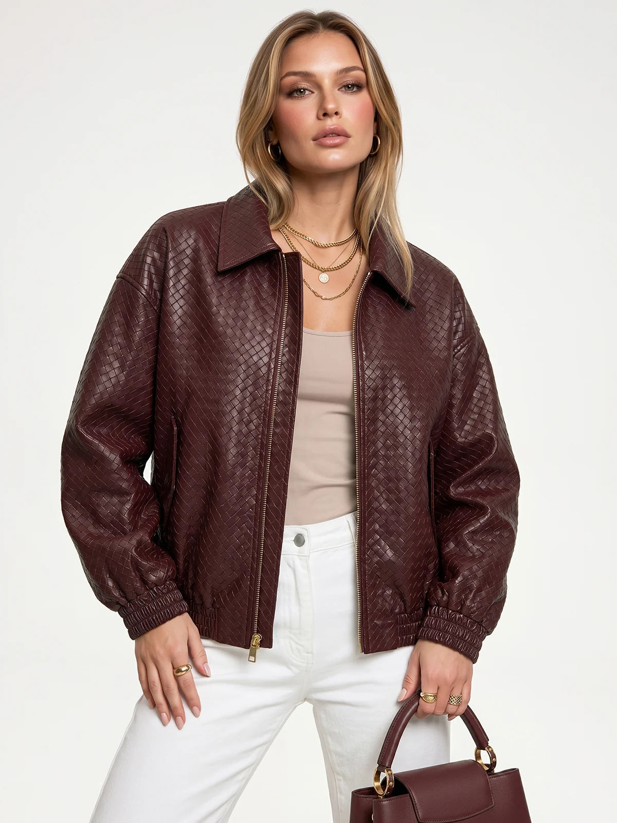 Burgundy Textured Faux Leather Bomber Jacket with Front Zipper and Ribbed Trim