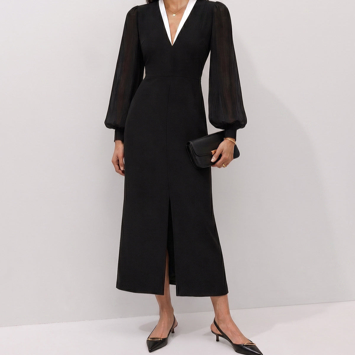 V-Neck Midi Dress with Long Sleeves and Invisible Zipper