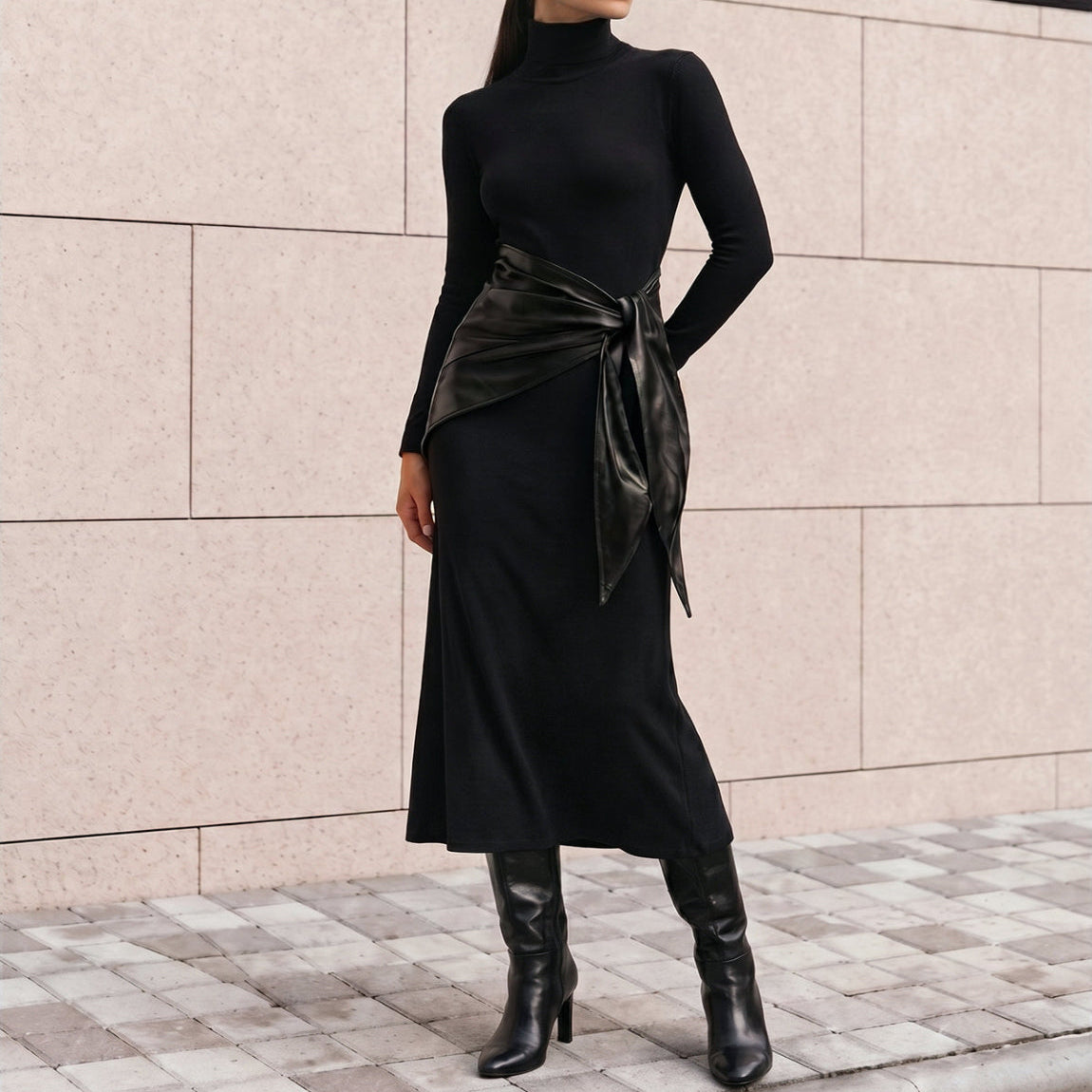High Neck Slim Fit Maxi Dress with Attached Waist Belt and Long Sleeves