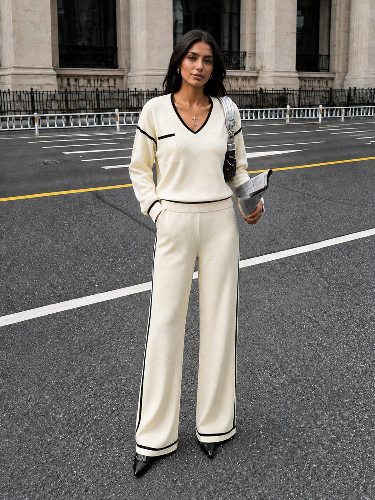 Ribbed Knit Lounge Set with Stretch Fabric and Elastic Waist Pants
