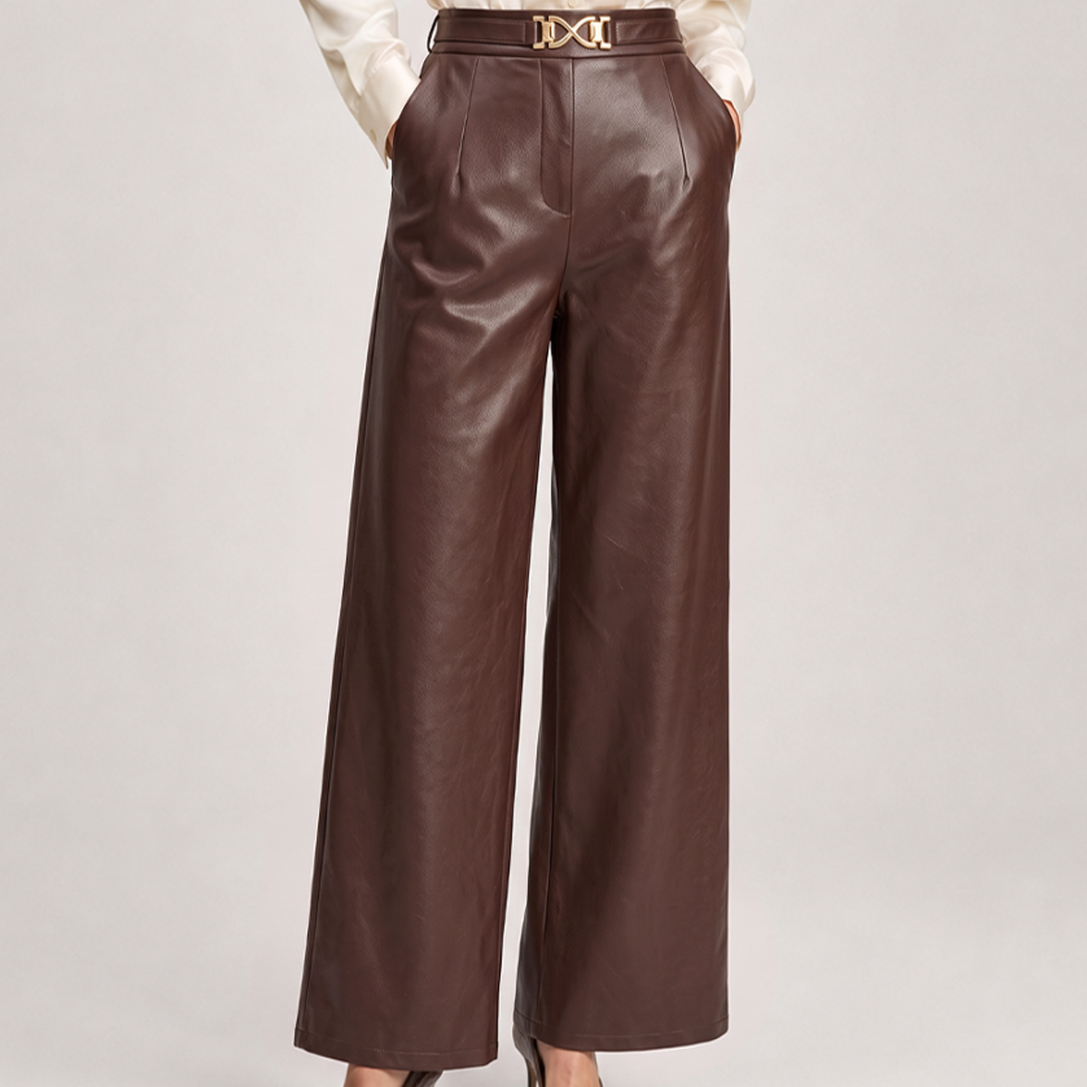 Straight Leg Faux Leather Pants with Elastic Waistband and Lined Interior