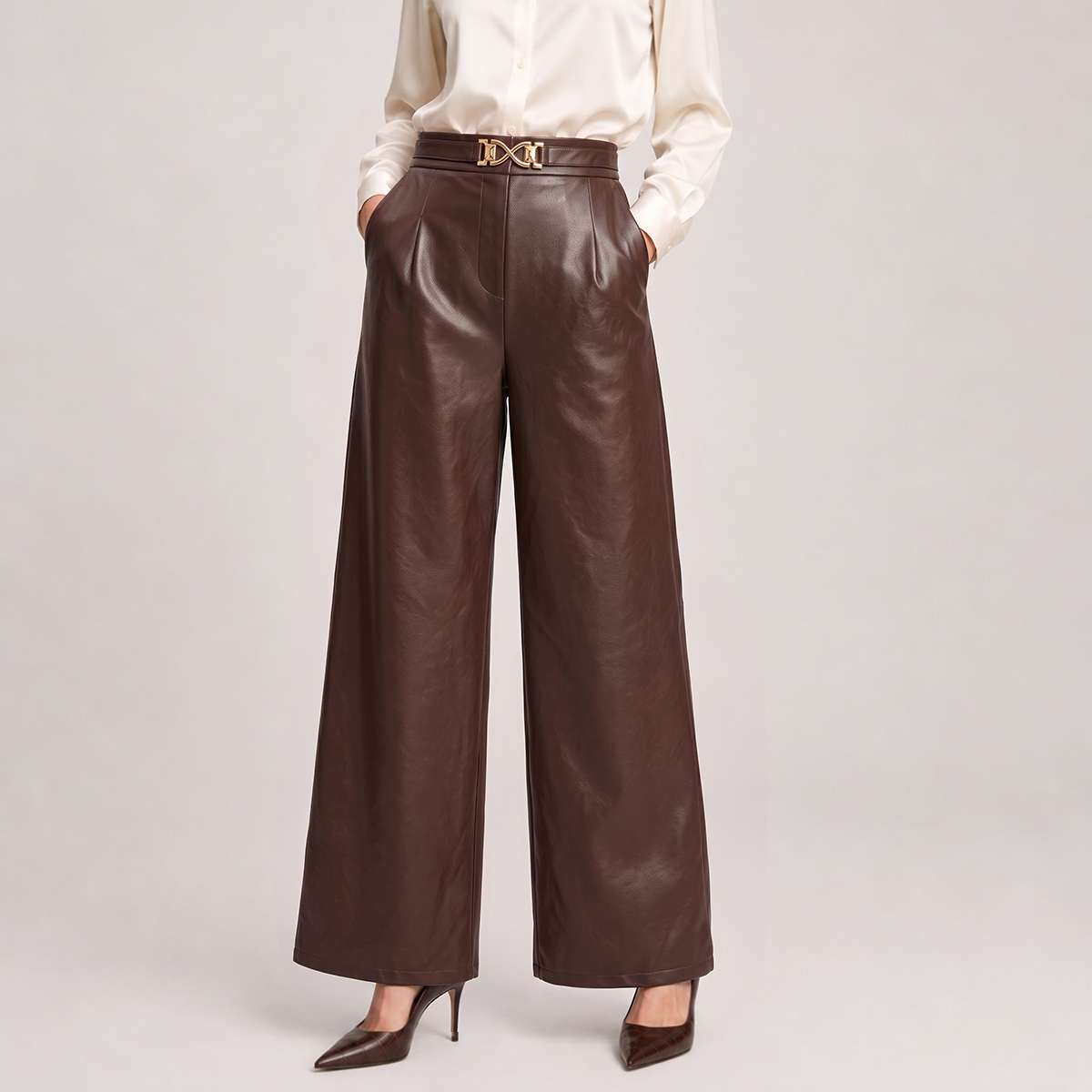 Straight Leg Faux Leather Pants with Elastic Waistband and Lined Interior