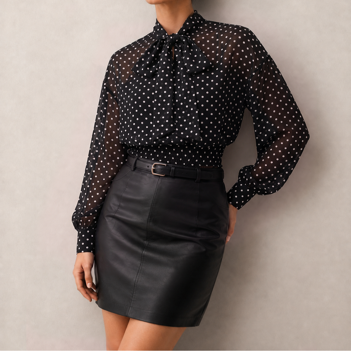 Chiffon Midi Dress with High Neck and Long Sleeves, Semi-Sheer Overlay
