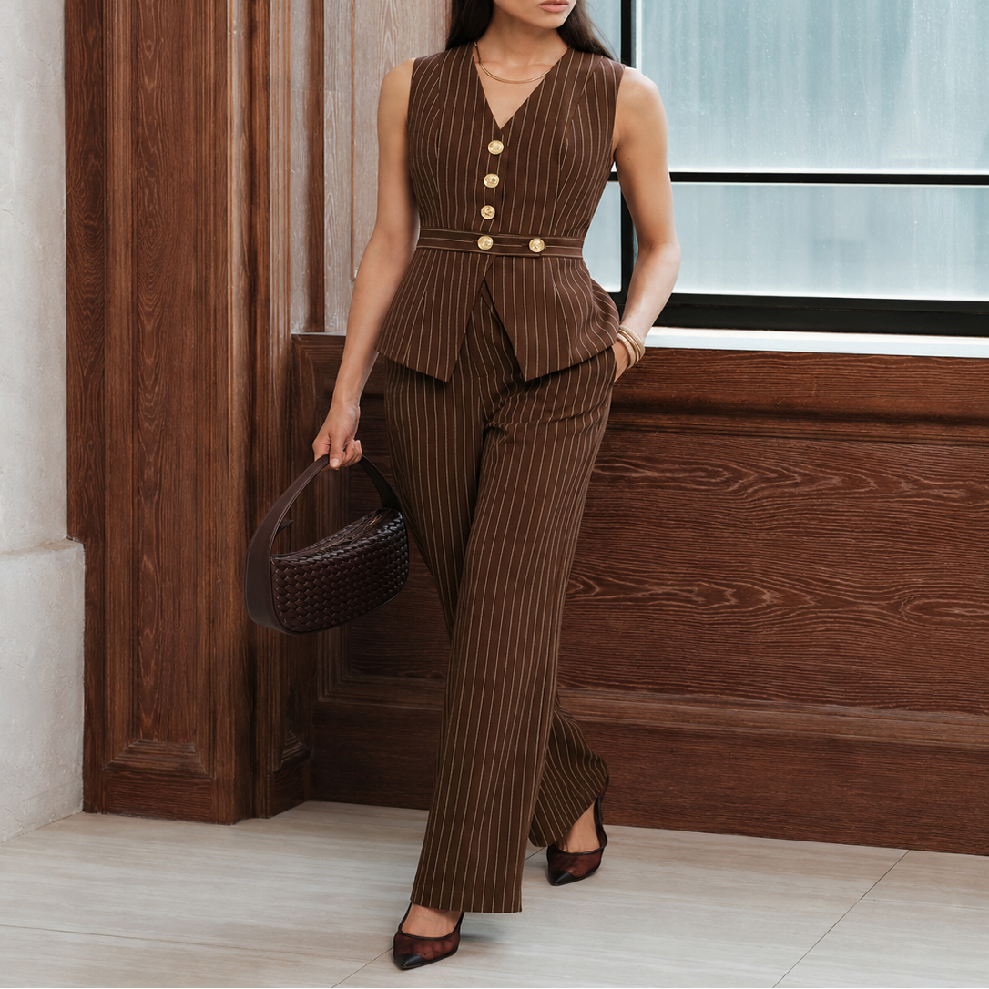 Blazer Pant Set with Structured Shoulders and Lined Construction, Straight Leg