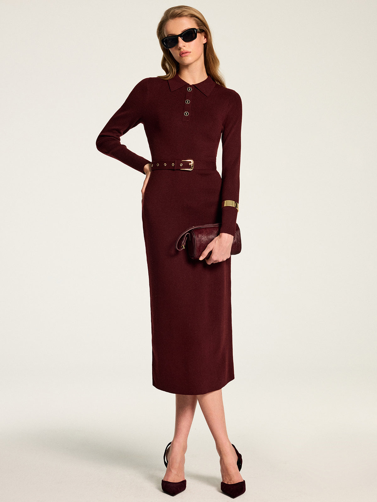Midi Knit Dress with Adjustable Belt and High Stretch Blend