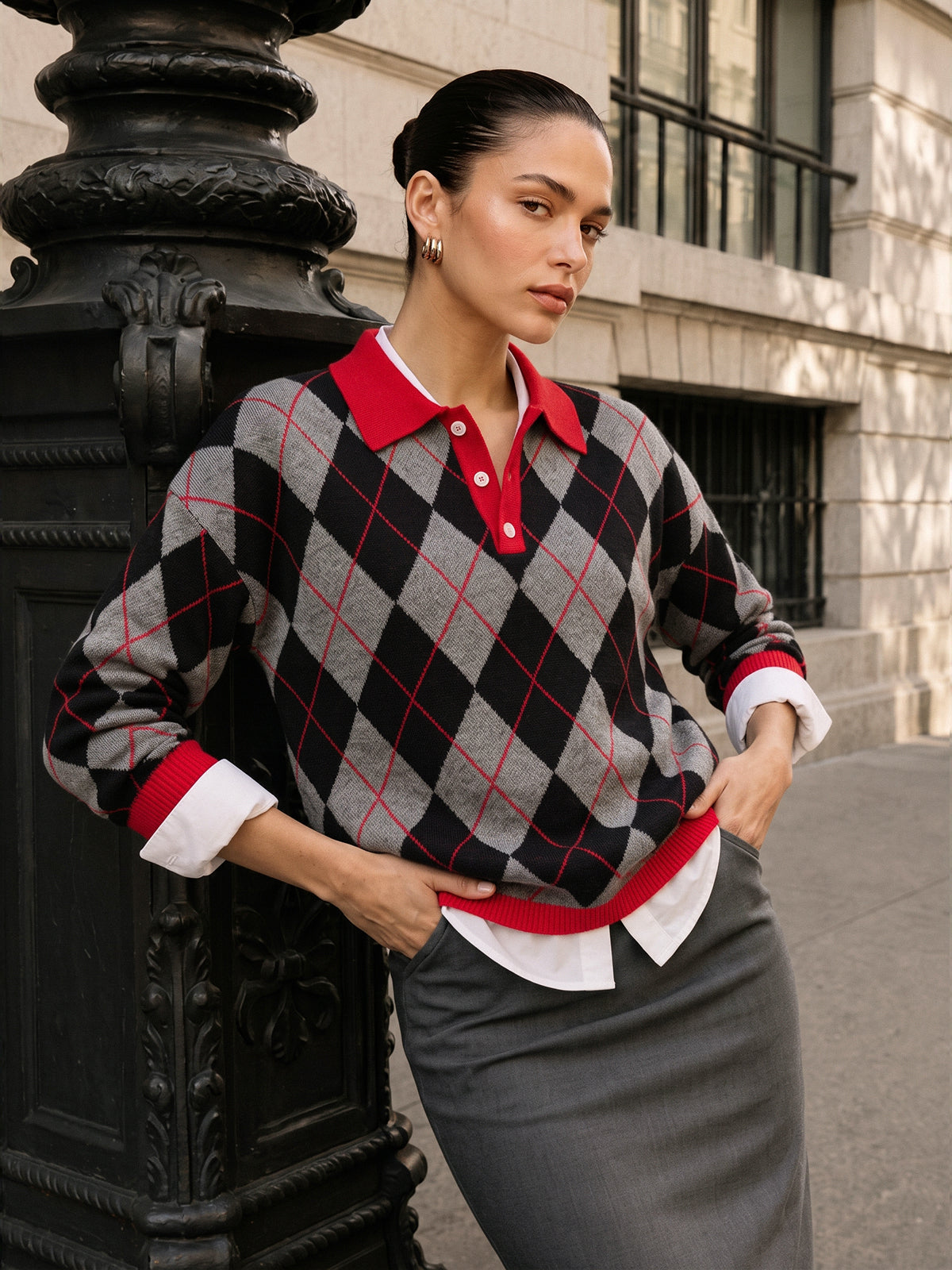 Relaxed Fit Knit Sweater with High Stretch Blend and Polo Collar