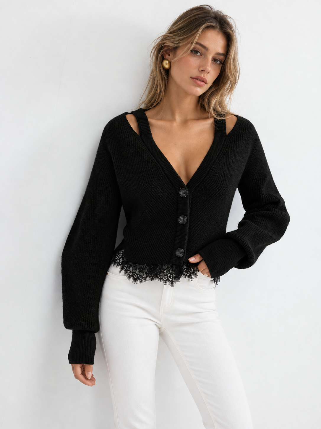 Lace Hem Button Front Cardigan with Slight Stretch and Regular Fit