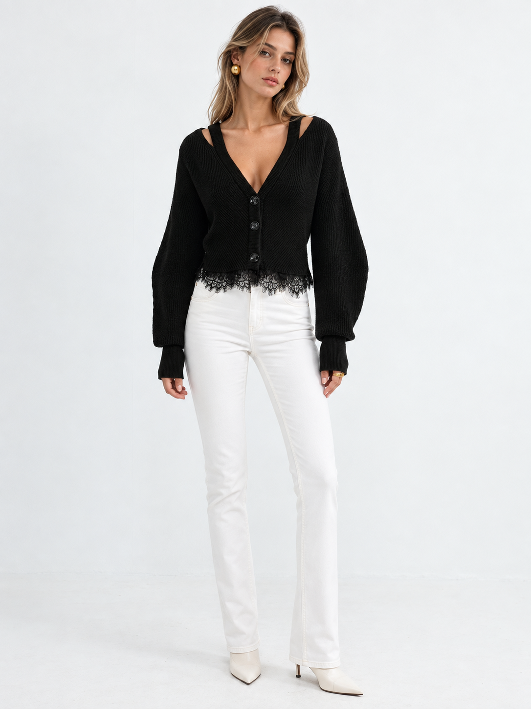 Lace Hem Button Front Cardigan with Slight Stretch and Regular Fit