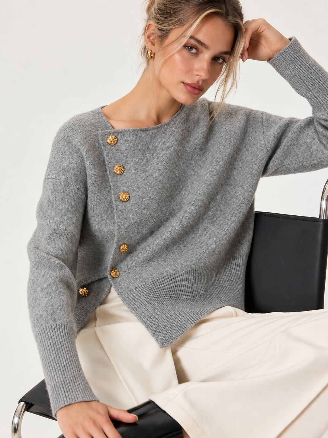 Knit Cardigan with Stretch Fit and Metal Button Details, Regular Thickness