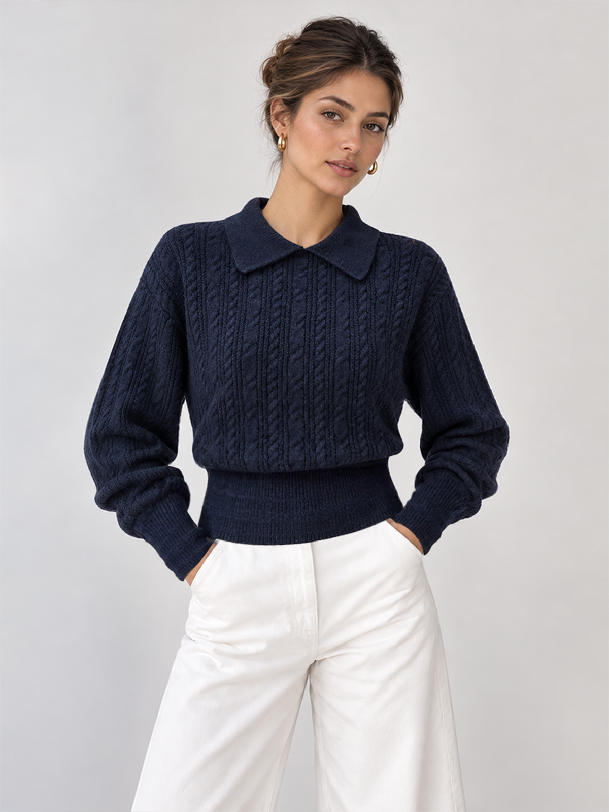 Knit Polo Sweater with Adjustable Neckline and High Stretch Fabric