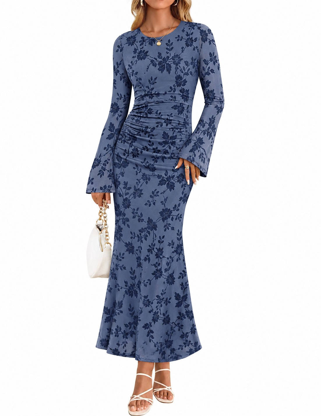 Womens Floral Maxi Dress, Long Sleeve Ruched Mesh Bodycon Dress, Elegant Fall Formal Dress