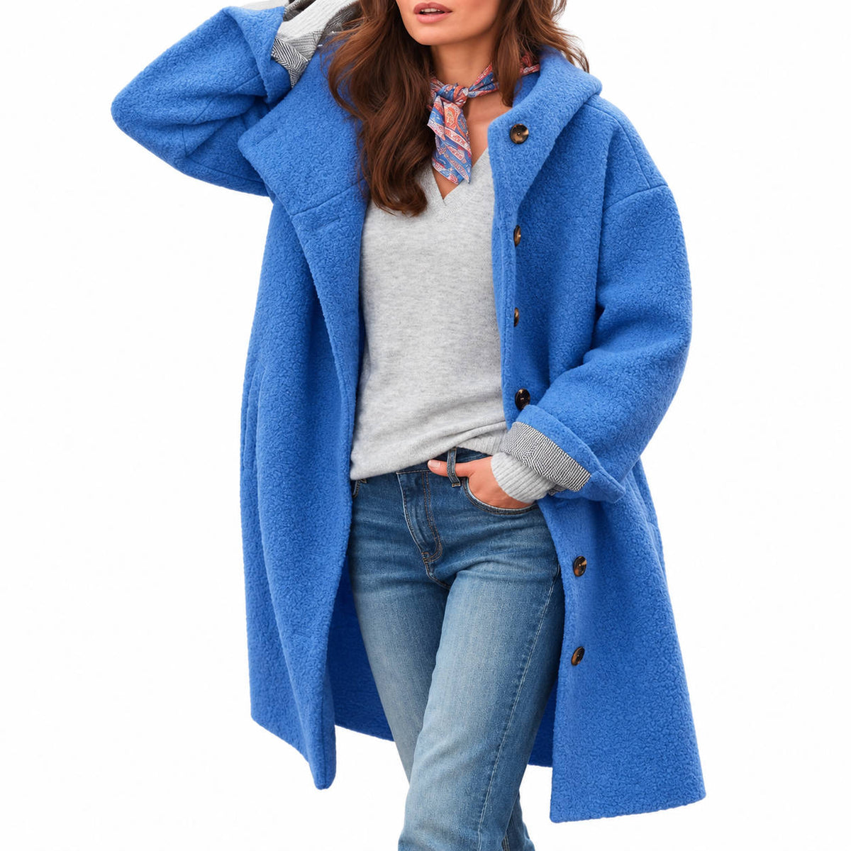 Women's Hooded Wool Coat, Long Button Front Winter Jacket, Casual Warm Outerwear